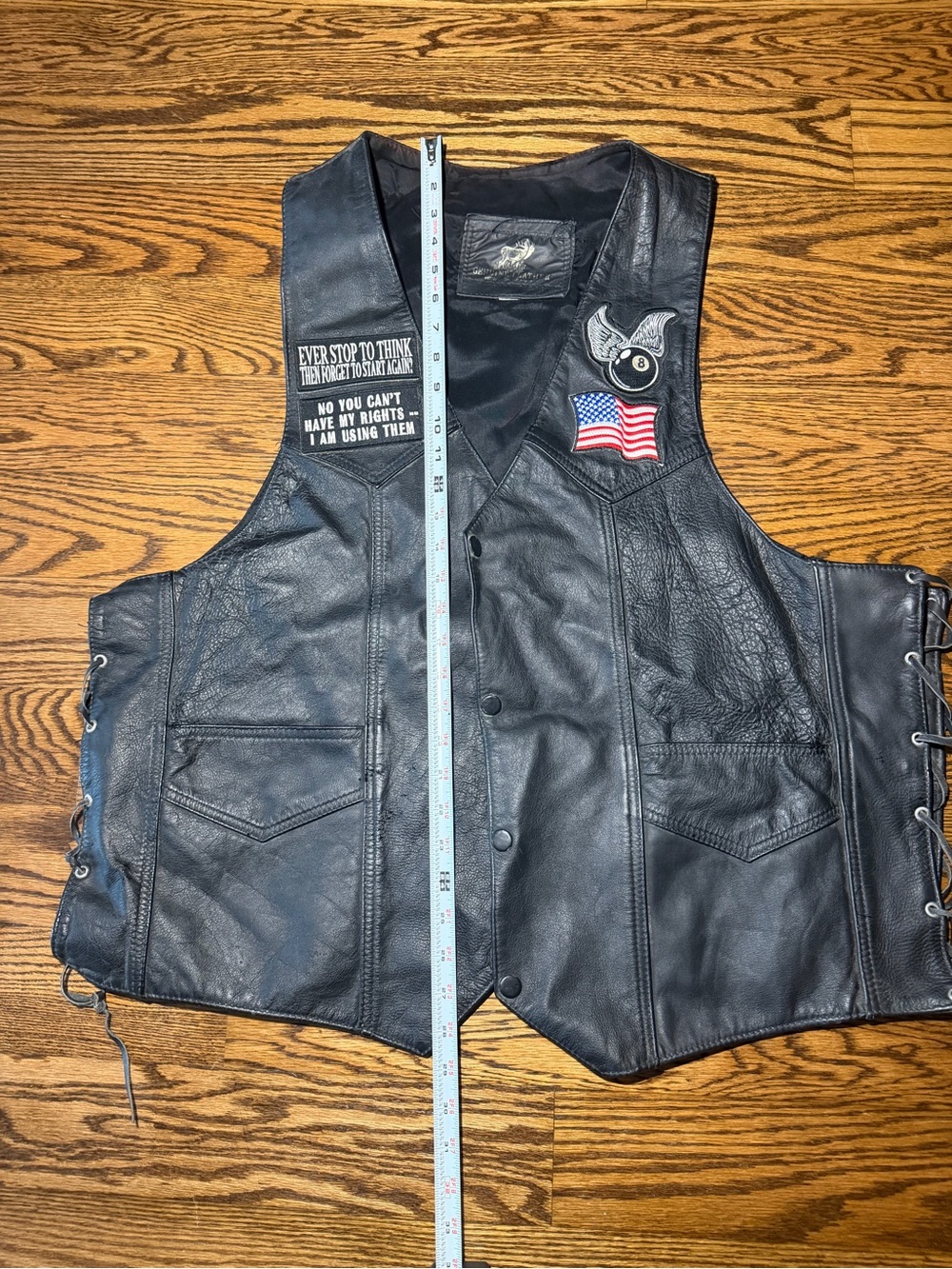 Men's Black Leather Biker Vest with Patch Details